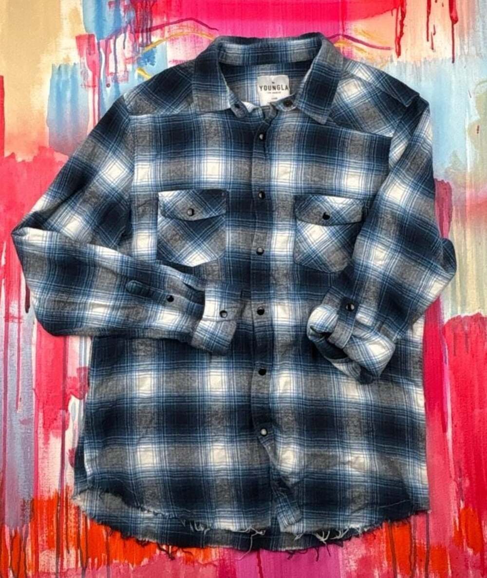 YoungLA Blue and White Brushed Flannel Snap-Button Plaid Shirt with Raw Hem